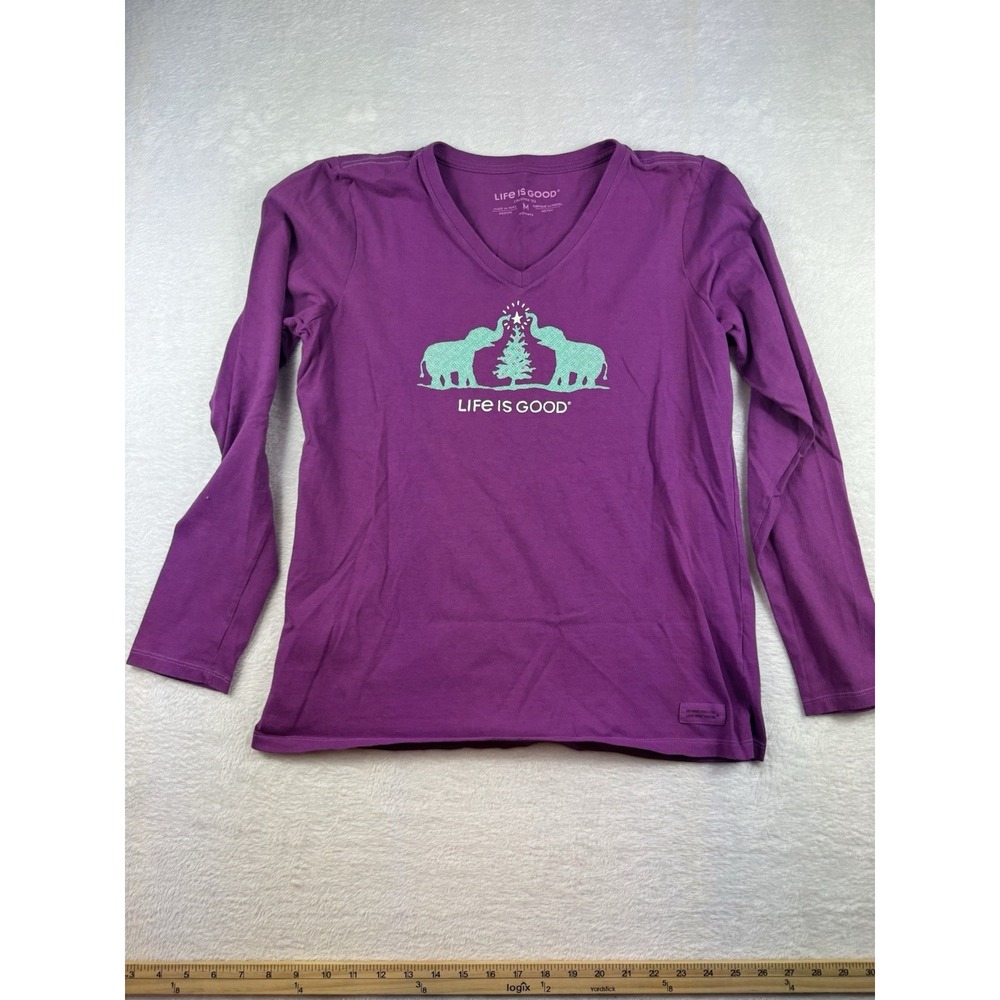 Life Is Good Women's Crusher Tee Purple Elephant Long Sleeve V-Neck M Comfy